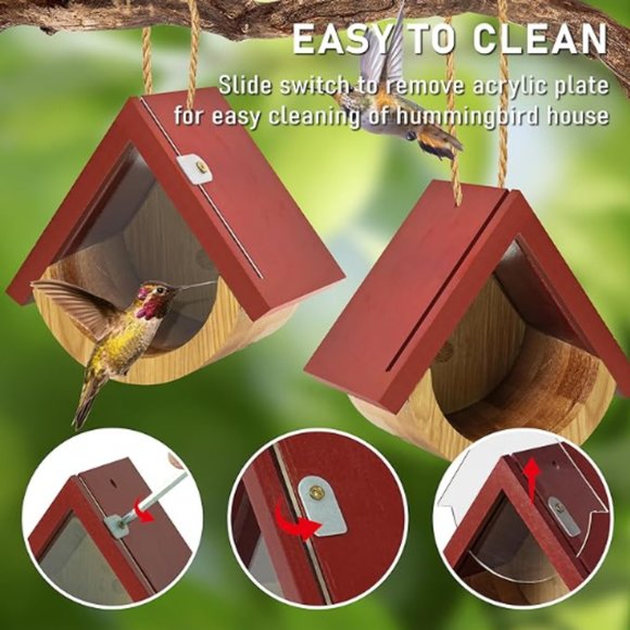 2 pk - Hummingbird Houses w/ Viewing Window - Red Roof Wooden Birdhouses - Picture 3 of 8